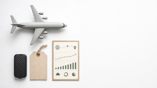 air freight logistics tracking. Flat lay of a toy airplane, smartphone, tag, and infographic on a white background, symbolizing travel planning.