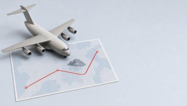 air freight logistics tracking. Toy airplane on a map with a plotted route and a weather icon showing rain along the path.