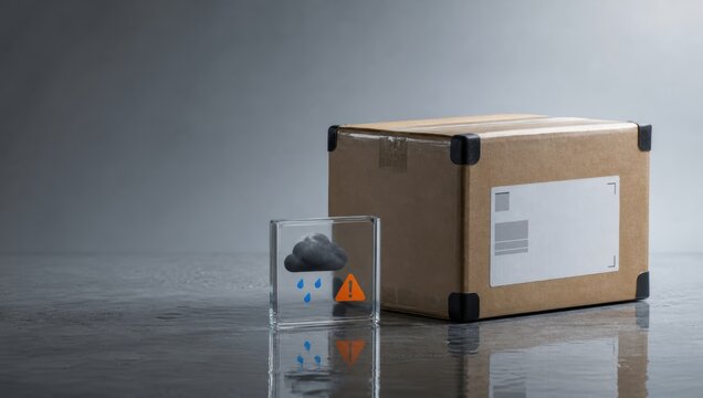 air freight logistics tracking. A cardboard package on a wet surface beside a block with a rain cloud and warning symbol, indicating water damage risk.