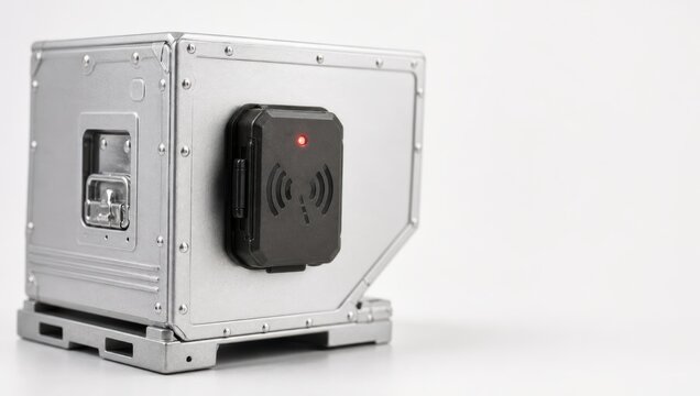 air freight logistics tracking. Metal industrial container with a black RFID reader mounted on its side.