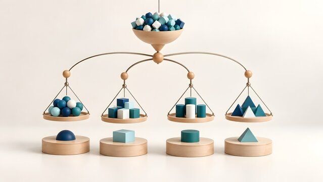 Wooden Balancing Mobile Mechanism Distributing Geometric Shapes Representing Harmony Equilibrium and Business Portfolio Management