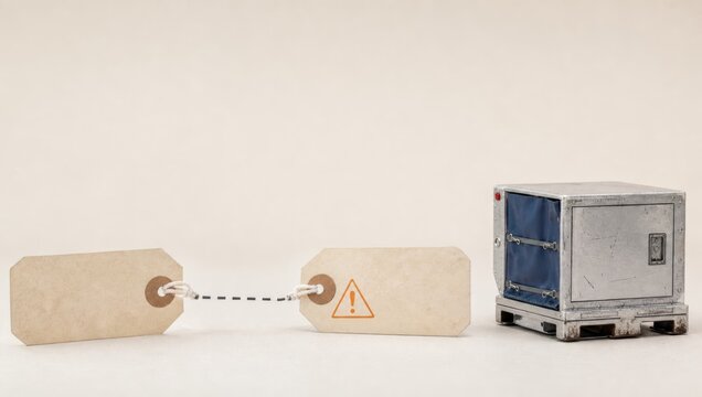 air freight logistics tracking. Two blank tags connected by string with an exclamation mark on one tag next to a metal shipping container.