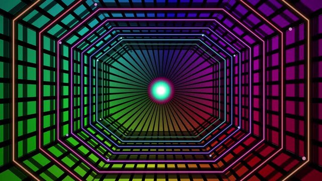 Neon octagonal tunnel motion background, with glowing pulsing, light and colorful, grid patterns abstract