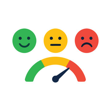 Customer satisfaction level rating, feedback gauge meter with happy, neutral, and sad emoticons vector illustration on a white background