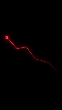 Glowing red neon downward graph with arrow indicating decline, negative trends on a dark, abstract background, crisis animation.Right-directional arrow loop.4k video