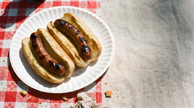 Two grilled sausages on a white paper plate with red checkered tablecloth.