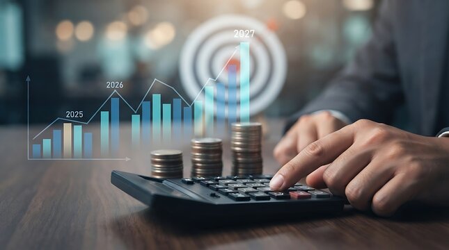 Financial analyst using calculator with business graph projections