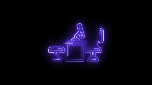 Neon glow office desk setup with computer monitor chair and stool minimalist icon animation dark