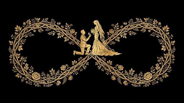 Golden silhouette of a groom proposing to his bride inside an elegant floral infinity symbol frame crafted from intertwining roses and delicate vines on a solid black background 