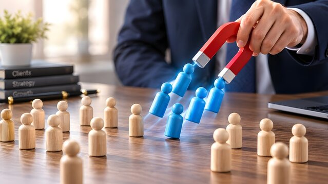 Businessman holding horseshoe magnet to attract blue target figures from wooden crowd representing customer acquisition