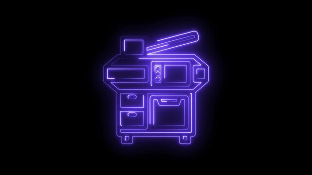 Neon purple outline of a 3 D printer or scanner glowing on black background futuristic icon