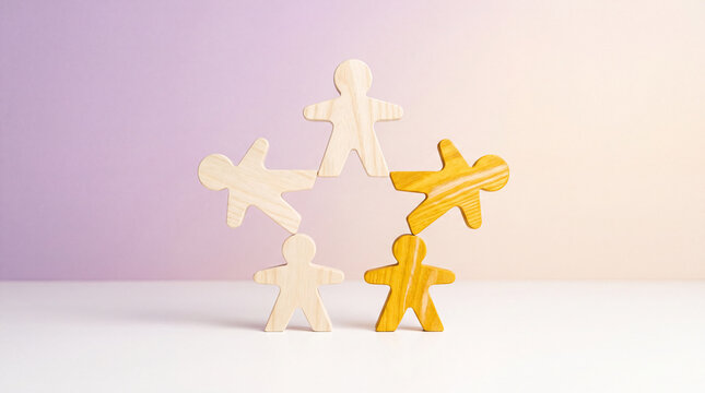 Teamwork concept with wooden figures arranged in circle on white surface against pastel background