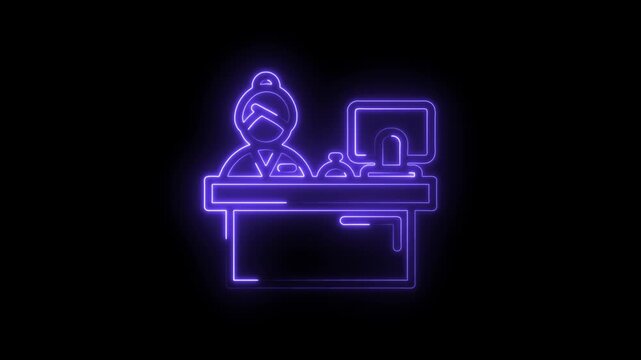 Glowing neon icon of a receptionist at a desk with a computer and telephone on a black background