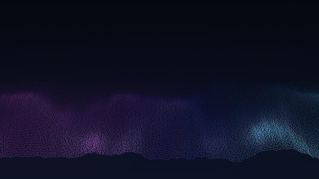Futuristic wave of dots with moving particles in purple and cyan, abstract technology background, 3D visualization of big data, digital landscape