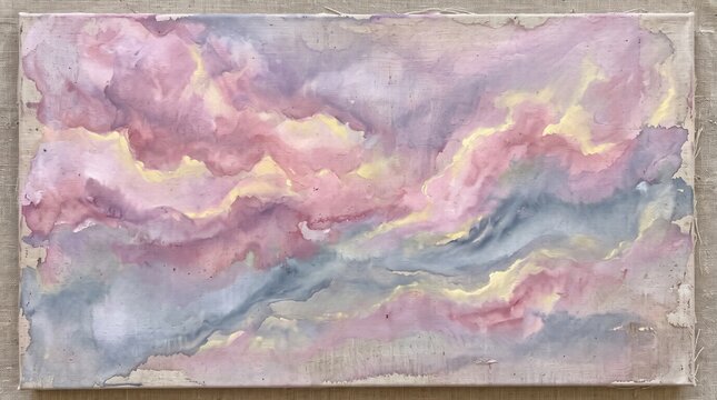 Abstract watercolor painting of sunset sky with pastel pink purple and yellow clouds