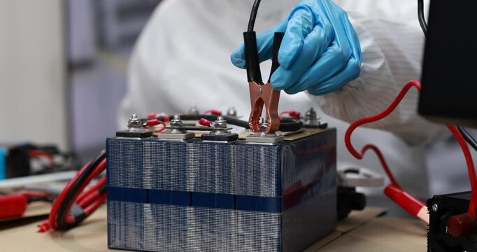 Technician wearing blue gloves tests a battery pack with probes and clips in an electronics workshop, repair, maintenance and energy storage work