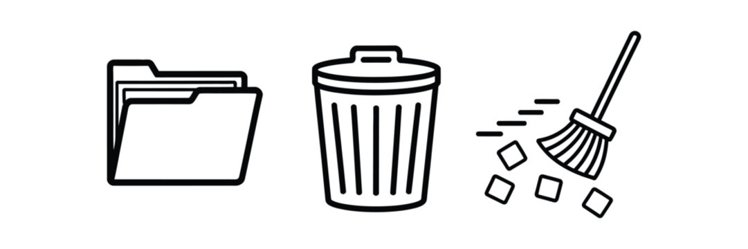 Digital folder icon with trash can and broom sweeping tiny files, black and white outline for data cleanup