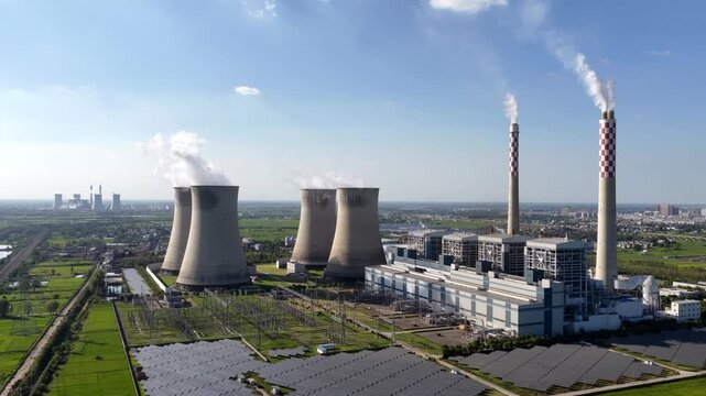 Large thermal power plant aerial view with cooling towers and smoke stacks