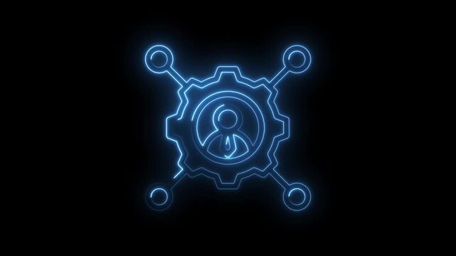 Neon blue glowing human icon within a gear connected to four nodes on black background