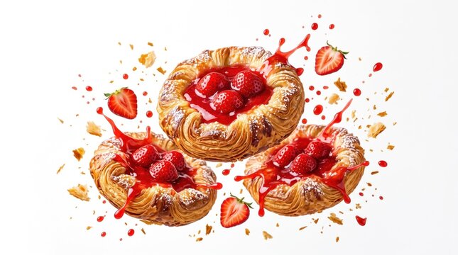 Strawberry danish pastry with jam splash and flying crumbs on white