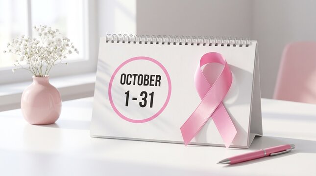 Breast cancer awareness month calendar marked for october with pink ribbon