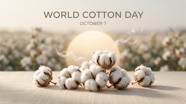 Natural cotton bolls on display for world cotton day on october 7 with sunlight
