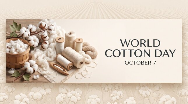 World cotton day concept featuring cotton bolls and spinning equipment