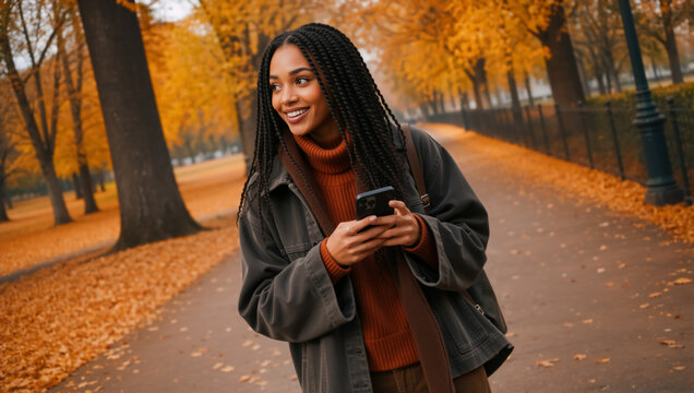 Happy young Black woman holding a smartphone while walking in an autumn park. Smiling female with braided hair using mobile phone outdoors. Fall lifestyle concept