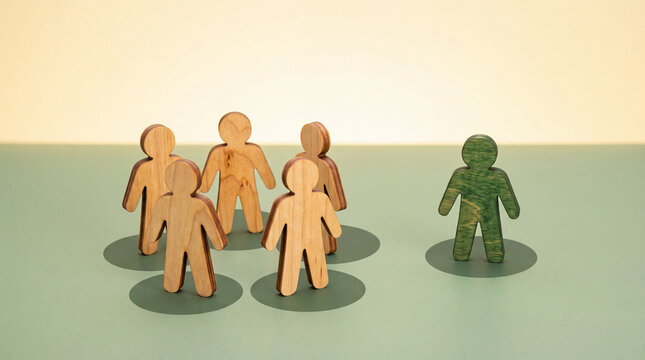 Group of wooden figures standing together with one green figure apart symbolizing exclusion or individuality concept