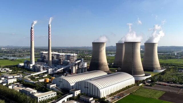 large thermal power plant cooling towers and smokestacks emitting steam