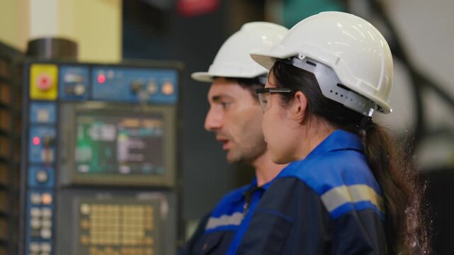 Industrial Engineers Discussing Operational Workflow at CNC Machine Control Panel