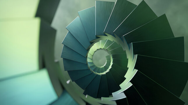 Abstract spiral staircase with modern metallic steps in a circular pattern