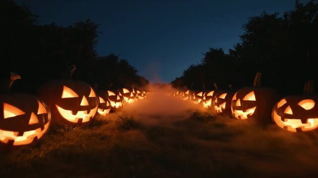 Illuminated Pumpkins Lining Misty Pathway at Halloween Night