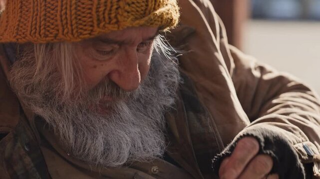 Senior Caucasian homeless man counting collected coins in metal tin on city street. Footage suits charity campaigns, non-profit fundraising videos and social awareness documentaries