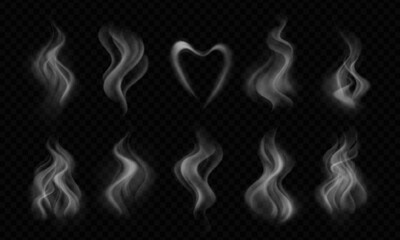Obraz premium Smoke overlay effect with warm water steam for food photography and hot coffee textures. White cooking vapor png on transparent background for tea cup designs with realistic fume and heat aroma.