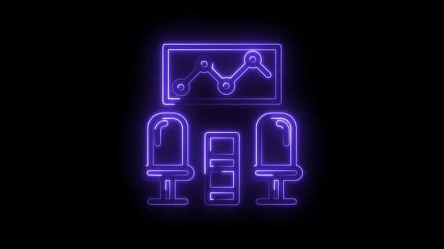 Neon glowing abstract graph chart with two chairs and a table on black background digital icon