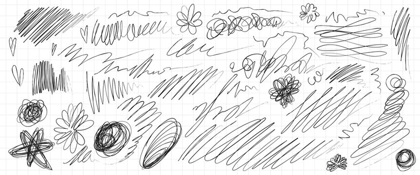 Hand drawn line doodles and pen scribbles pack. Vector realistic illustration of playful strokes, round pencil sketches, marker highlights, heart and star signs for creative designs and art projects
