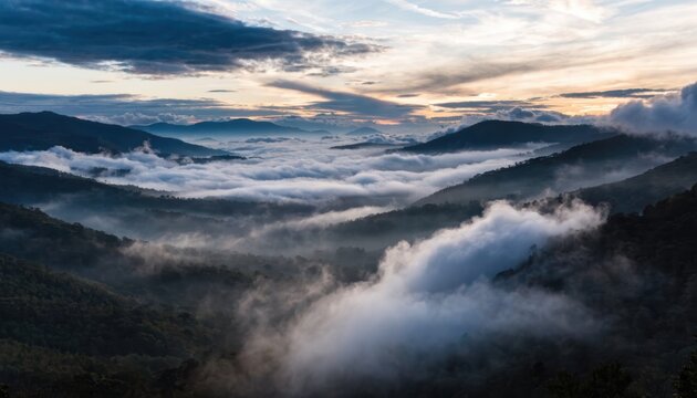 Panoramic wide view of rolling mountain ranges with dense white fog filling the valleys under a dramatic twilight sky with orange sunset light and dark blue evening clouds.