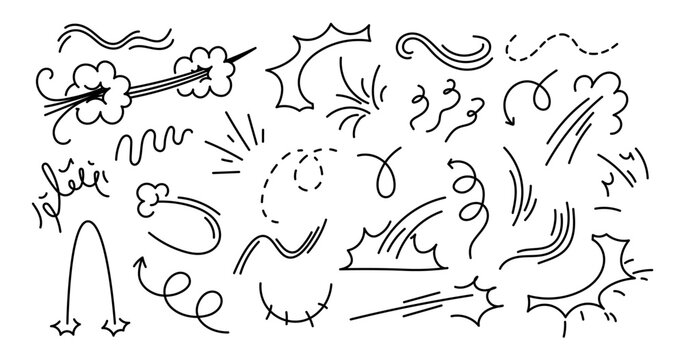 Line art motion effects with dynamic doodle elements for comic design. Speed burst icons and cartoon action graphics with hand drawn sketches, splash and anime manga impact strokes for emphasis.