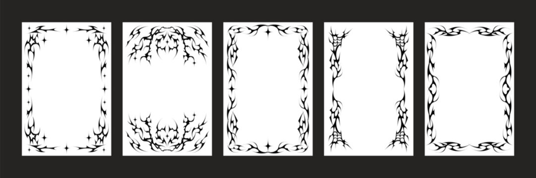 Gothic cyber frame with tribal border and neo fantasy pattern elements. Dark ornate rectangle with sharp metal thorns and y2k shape. Vector tattoo design with grunge texture and decorative punk lines.