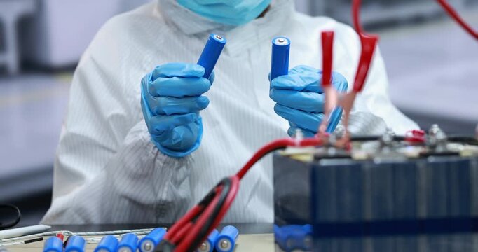 Technician in protective clothing holds blue battery cells while assembling a rechargeable battery pack with red cables in a laboratory.