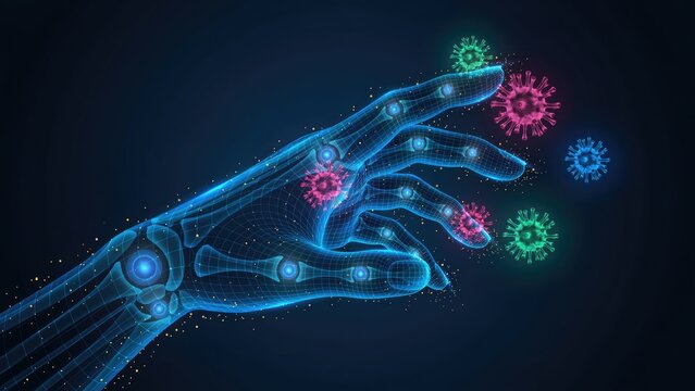Digital wireframe human hand interacting with glowing virus particles