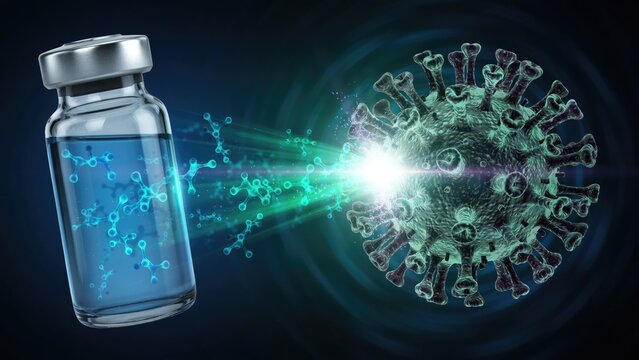 Vaccine vial emitting molecular particles toward a coronavirus cell
