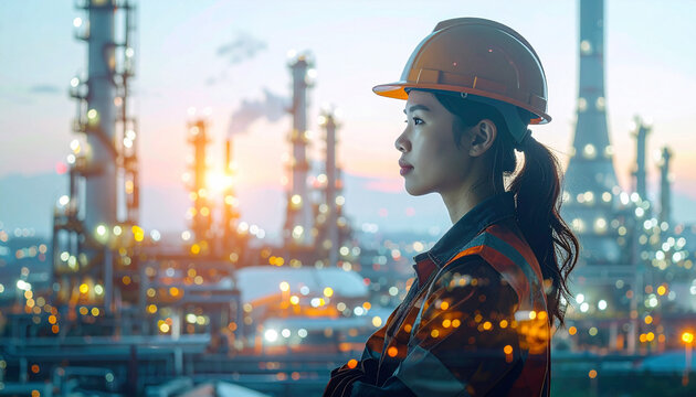 An Asian female engineer in a hard hat surveys an oil refinery at sunset. The glowing industrial landscape evokes progress and professional dedication in energy, construction, and global industry.