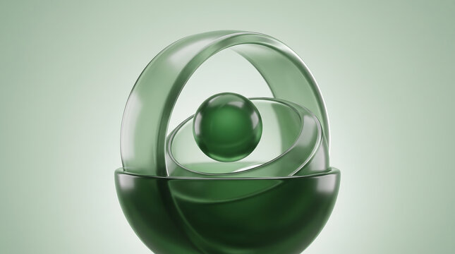 Abstract 3d composition with green glass spheres and rings on a soft green background