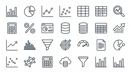 Data analysis statistics and business analytics minimal thin line vector web icon set