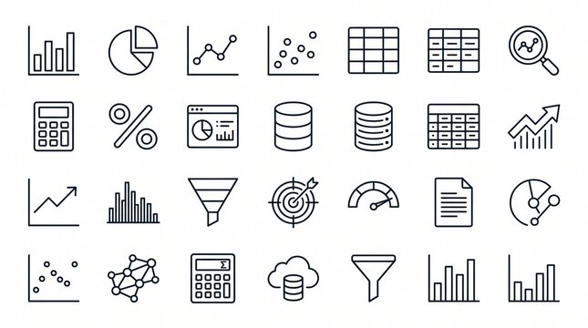 Data analysis statistics and business analytics minimal thin line vector web icon set