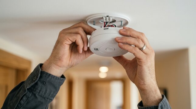 A close up view of a person installing a smoke detector onto a ceiling mount, carefully wiring the device into place inside a brightly lit residential interior hallway
