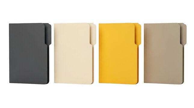 Set of four different colored office file folders isolated on transparent background