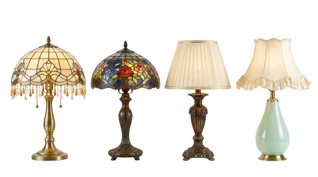 Collection of four elegant vintage table lamps with various decorative shades isolated on transparent background